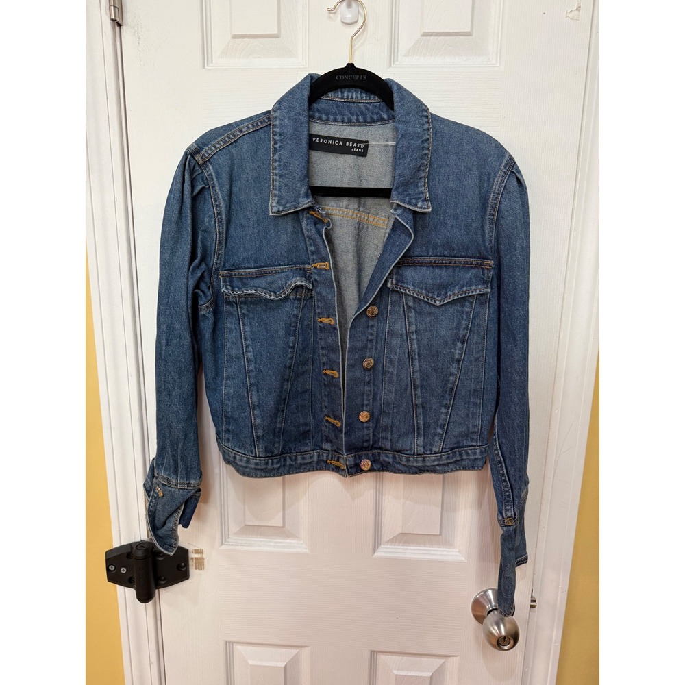 Veronica Beard Jean Blue Denim Cropped Puff Sleeve Jacket Size M